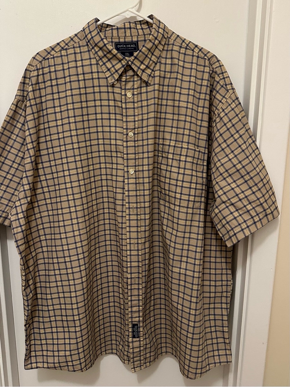 Men’s Duck Head Beige and Navy Plaid Short-Sleeve Button Shirt 2XL NWOT